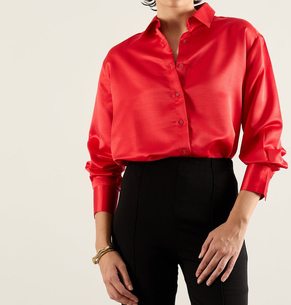 Women Red Satin Oversized Shirt