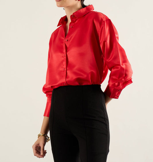 Women Red Satin Oversized Shirt